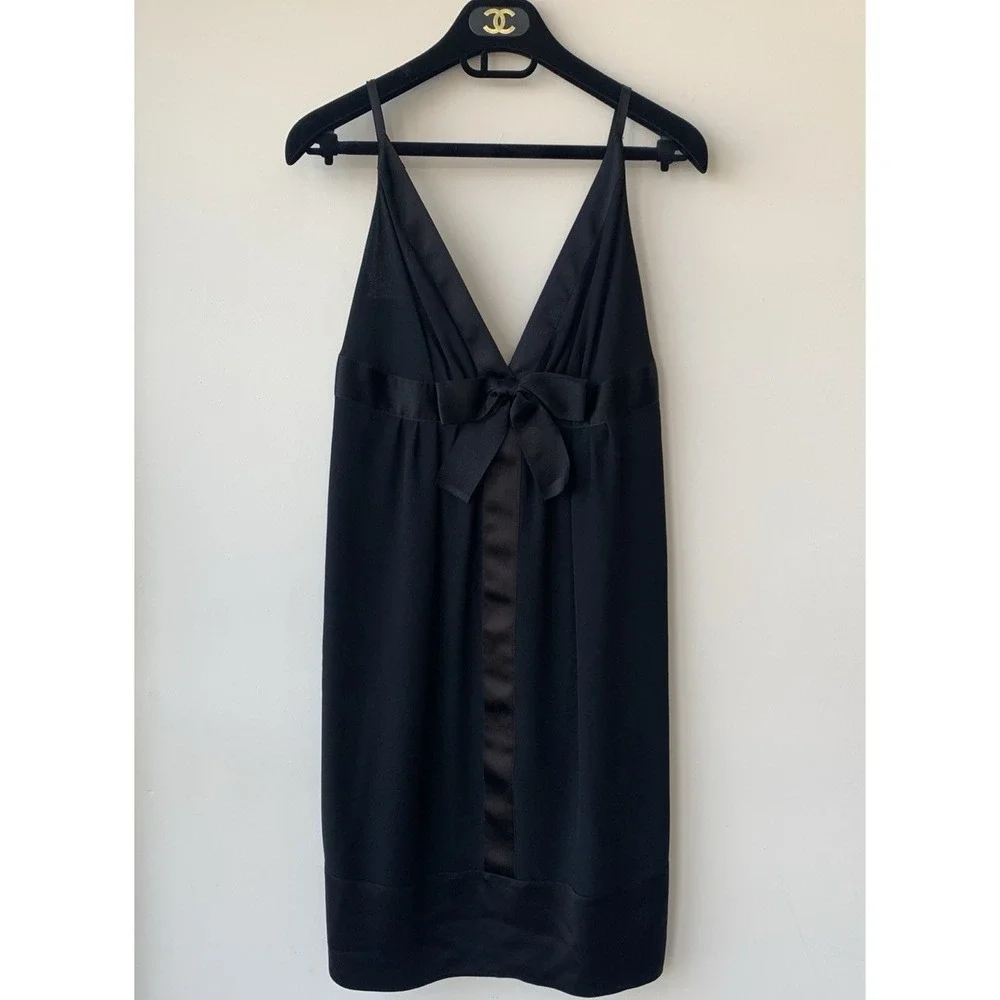 CHANEL BLACK SHEER SILK  SATIN BOW COCKTAIL DRESS 38